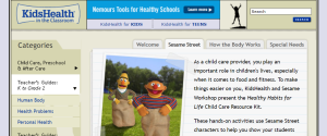 this image shows the home page. In the middle are Bert and Ernie. On the left are links to teachers guides for various grade levels.