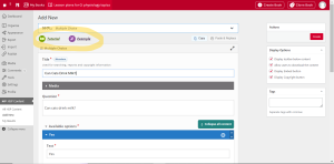 H5P multiple choice editing screen with the tutorial and example buttons highlighted