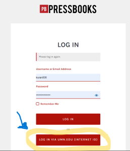 Pressbooks Sign in Page with Log In using Umn email highlighted