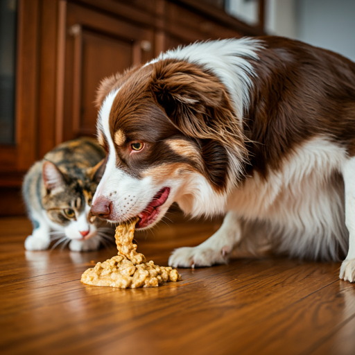 The image displays a dog regurgitating chewed up dog food on the floor. There is a cat in the background watching the dog.