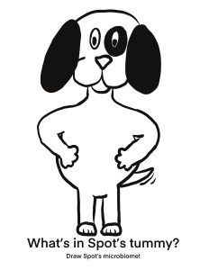 Black and white dog with round tummy. Text on bottom of page says "What's in Spot's tummy? Draw Spot's microbiome!"