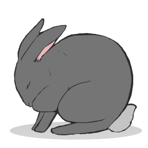 a drawing of a dark gray bunny hunched over, indicative of pain