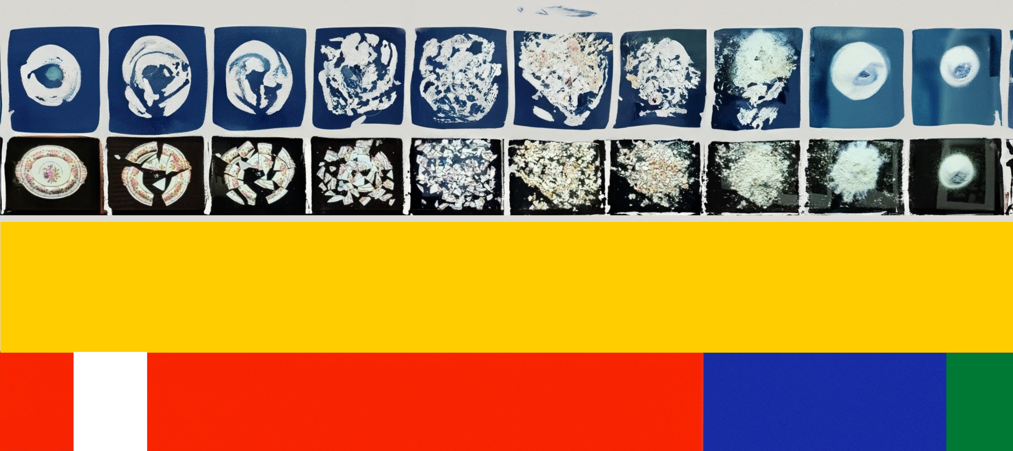 Una amalgama de las banderas de los principales productores de cocaína rodea un fragmento de vajilla de Simón Bolívar que originalmente llevaba la inscripción 'República de Colombia por siempre'. En la serie, el objeto va perdiendo su integridad hasta representar un montón de cocaína.