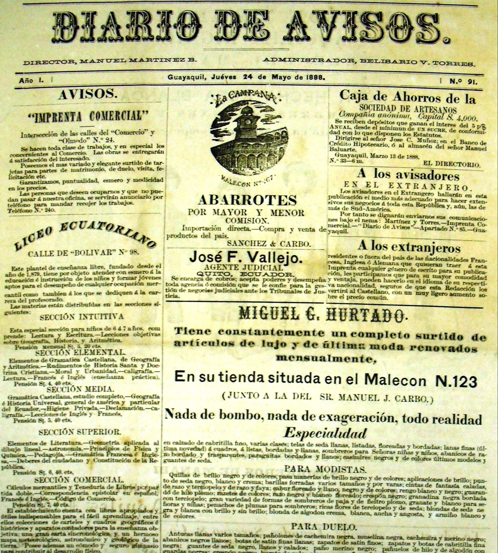 Portada del periódico del 24 de mayo de 1888, Diario de Avisos