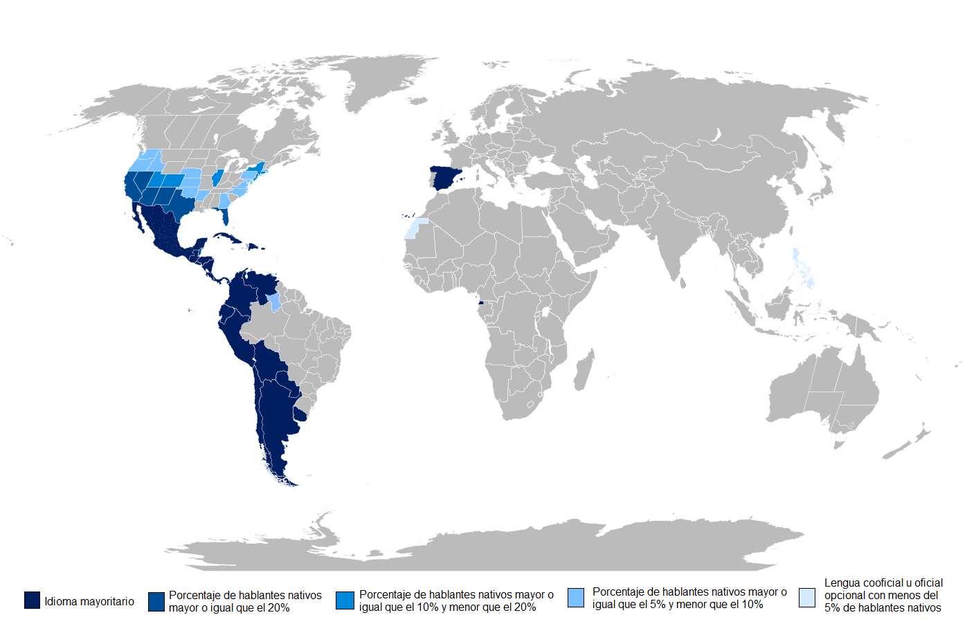 Un mapa del mundo con los países hispanohablantes resaltados.