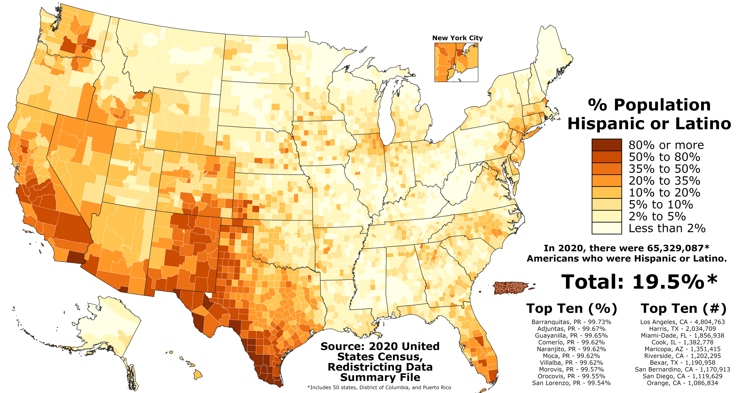 Map of the US with each county shaded  to represent the percentage of Latino and Hispanic identifying people in each.