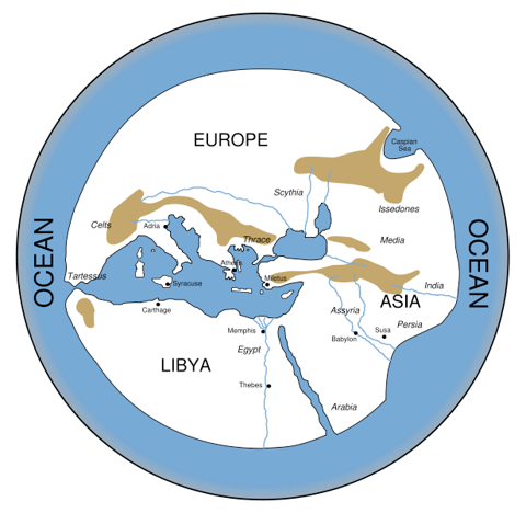 World According to Hecataeus. Reconstruction of the literal map that the Greeks produced of the Mediterranean Region