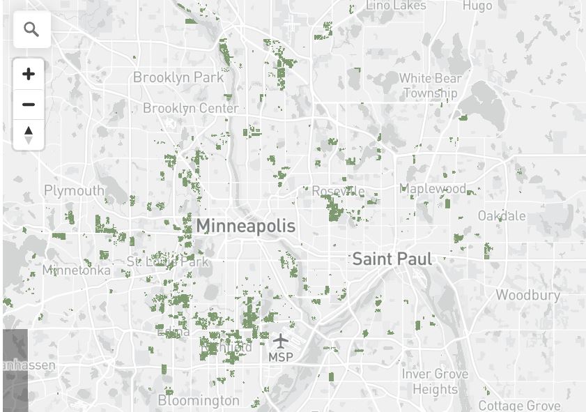 Map of racial covenants in the Twin Cities of MN. Mapping Prejudice identifies and maps racial covenants, clauses that were inserted into property deeds to keep people who were not White from buying or occupying homes.