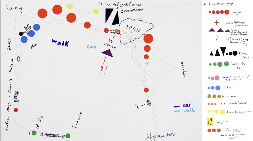 Hand-drawn map made by a migrant moving from Afghanistant to France.