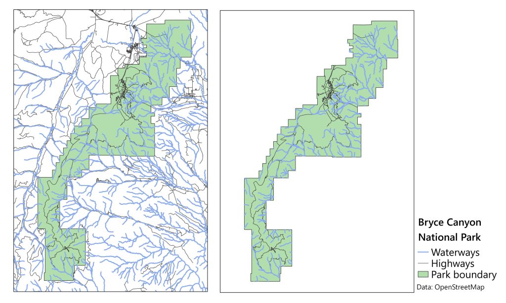 Map of road and water features in Bryce Canyon National Park