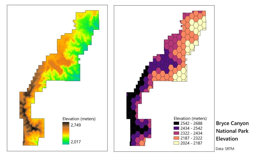 Figure of two maps showing elevation of Bryce Canyon National Park and the mean value for each cell in a vector layer of uniform hexagons