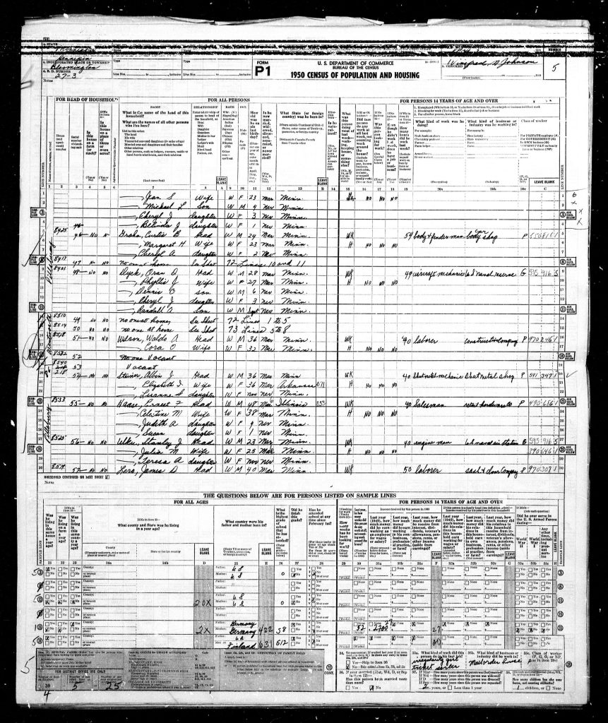 Scanned image of a census enumeration sheet for 1950 California.