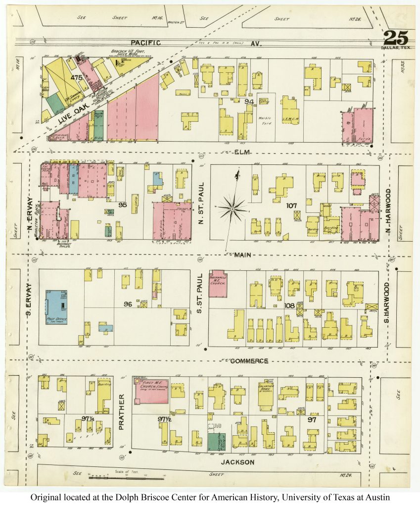 Sanborn map of Dallas, Texas, 1892. Building color reflects the material used in their construction.