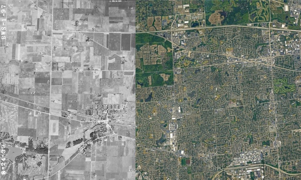 The Chicago suburb of Schaumburg, shown in orthoimagery from 1939 and 2023
