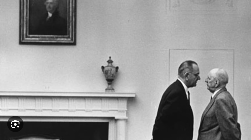 President Lyndon Johnson stands uncomfortably close face to face with Senator Richard Russel Jr.