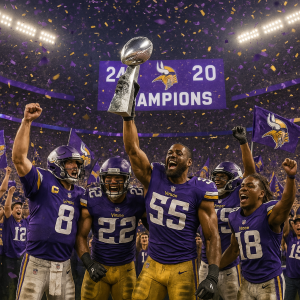 AI generated image of a celebratory scene of the Minnesota Vikings winning the Super Bowl. The setting is a packed stadium under bright lights, with confetti raining down in purple and gold. The Vikings players are celebrating on the field, holding the Lombardi Trophy high. Fans in the stands are cheering wildly, many wearing Vikings jerseys and waving flags. The scoreboard in the background shows the final score with the Vikings as champions.