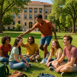 A group of diverse college students playing 'Duck Duck Gray Duck' on a sunny campus lawn. The students are sitting in a circle, laughing and smiling, while one student walks around tapping others on the head. One of the sitting students is clearly playing the game wrong since his had is also on someone's head. The setting includes a university building in the background, trees, and backpacks scattered nearby. The mood is playful and energetic, capturing the fun and nostalgia of the game. The students are dressed casually in summer clothes.