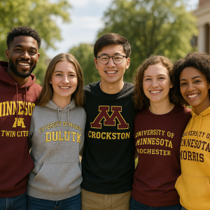 AI generated image of five University of Minnesota system students. Crookston is spelled Crockston