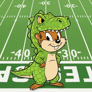 Google Gemini generated output of Goldy Gopher in a dinosaur costume standing on a football field.