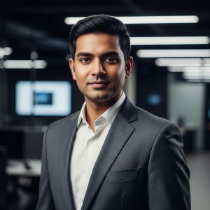 AI generated image of what Gemini describes as south Asian descent, wearing a while shirt and gray blazer.
