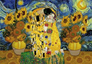 AI generated blend with abstract sunflowers in the background and two people embracing in the foreground and middle.