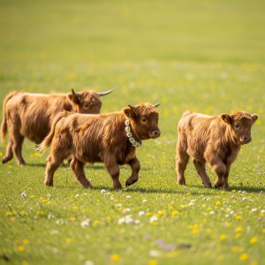 three AI generated Miniature Highland cows, running across a green field. the middle one has a daisy chain around its neck