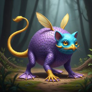 Google Gemini generated imaginary animal that has these characteristics: purple scales on the round chameleon-like body tail like a lion except more yellow Feet are like a stick - the back ones are yellow have yellow claws and the front has lavender flippers - the face is like a cat but with round ears and is sky blue The eyes are golden and shaped like a circle its mouth is a orange-ish yellow beak it has golden wings that are not feathered but small like a hummingbird