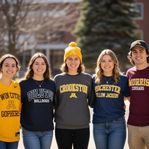 AI generated image of 5 women from each of the University of Minnesota campus. Campus names are spelled incorrectly