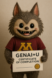 AI generated image of a wolf-like monster wearing a maroon shirt with a gold M, with sharp teeth holding a piece of paper that says "GenAI+U Certificate of completion"