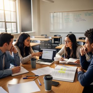 Google Gemini generated four students around a table in a classroom with whiteboards on the wall