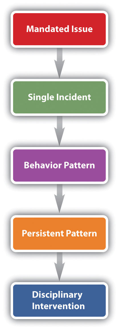 The Process for Handling Performance Issues: mandated issue, single incident, behavior pattern, persistent pattern, and disciplinary intervention