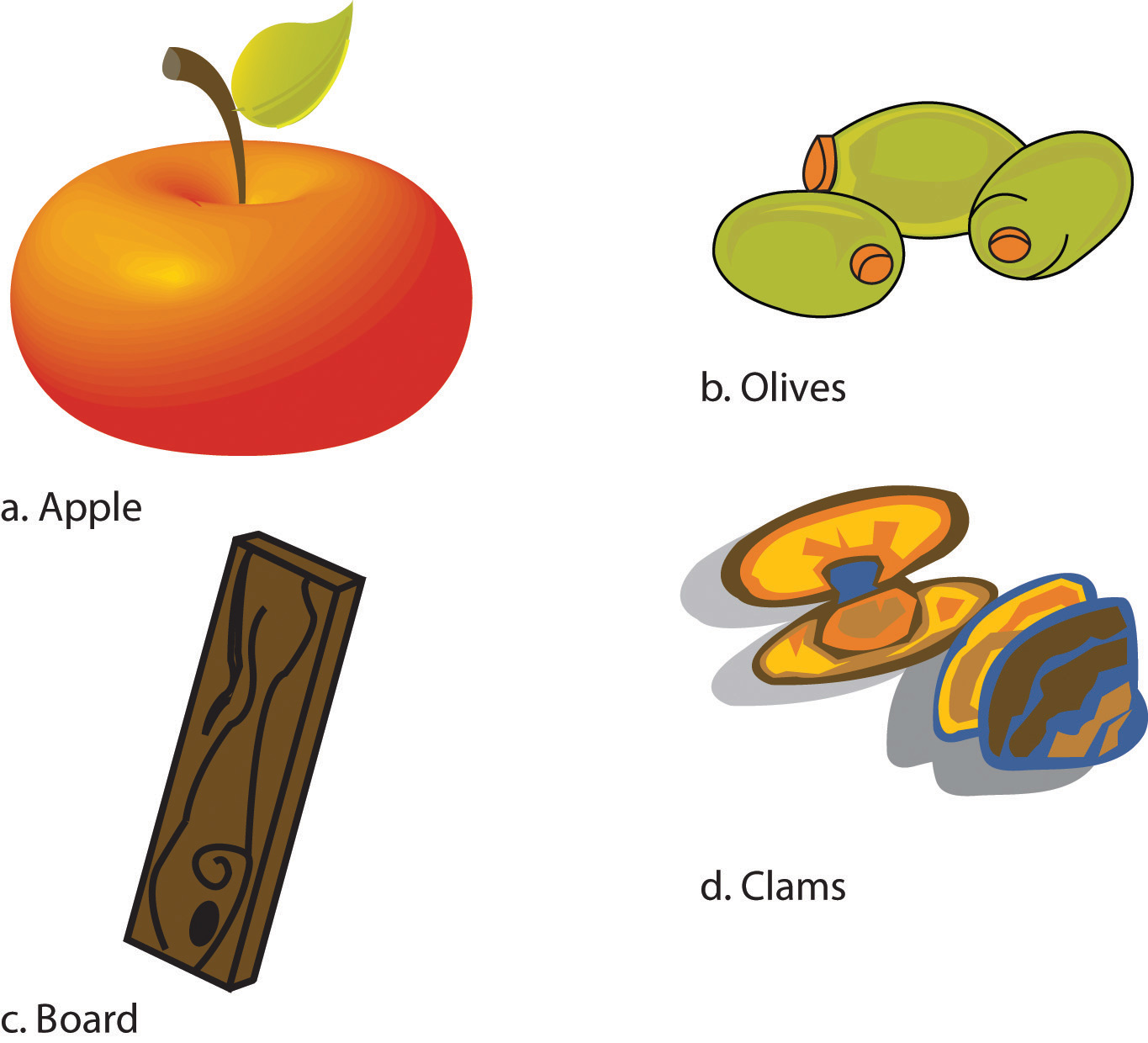 A collage of 4 items: a. Apple, b. Olives, c. Board, and d. Clams