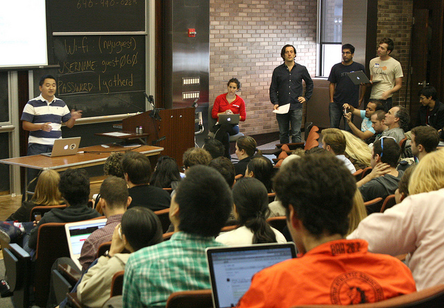 A room full of students participating in the fall 2012 hackNY student hackathon